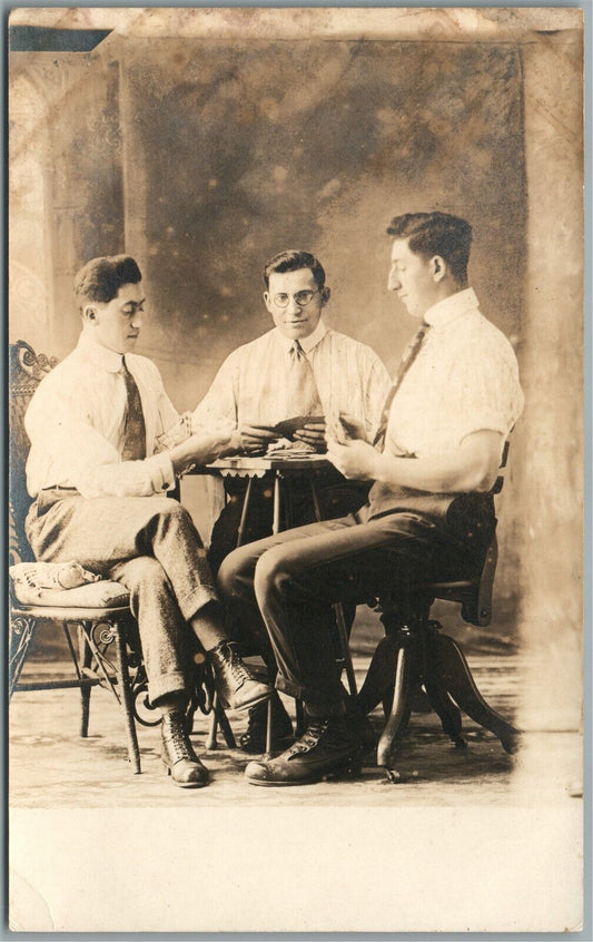 MEN PLAYING CARDS ANTIQUE REAL PHOTO POSTCARD RPPC