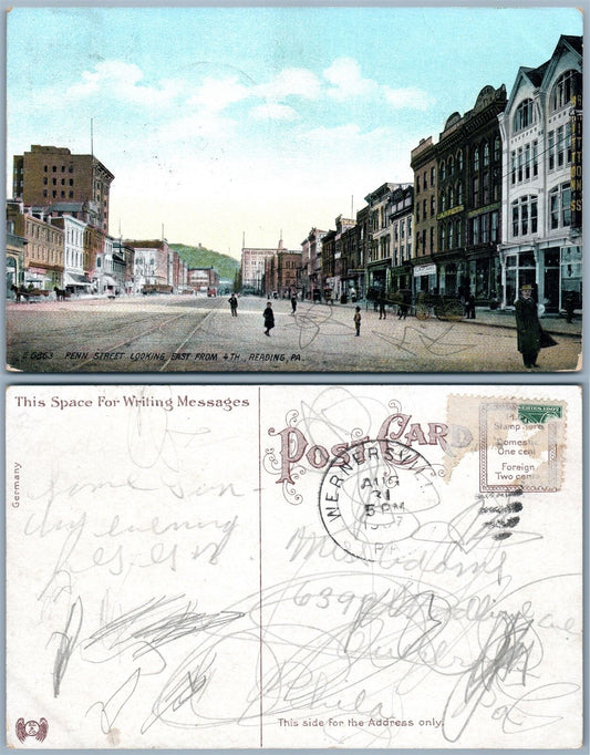 READING PA PENN STREET LOOKING EAST FROM 4th STR. ANTIQUE POSTCARD