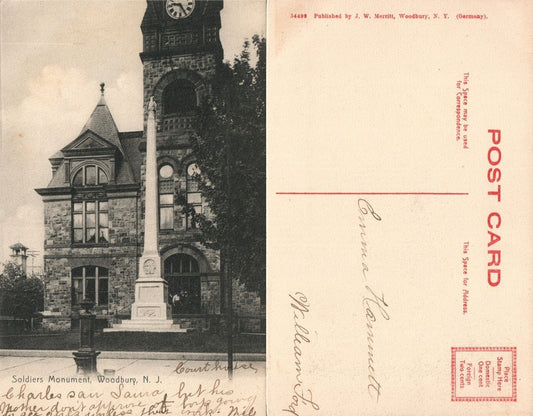 WOODBURN N.J. SOLDIER'S MONUMENT ANTIQUE POSTCARD