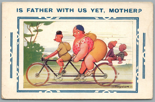 FAMILY on BICYCLE COMIC ANTIQUE POSTCARD