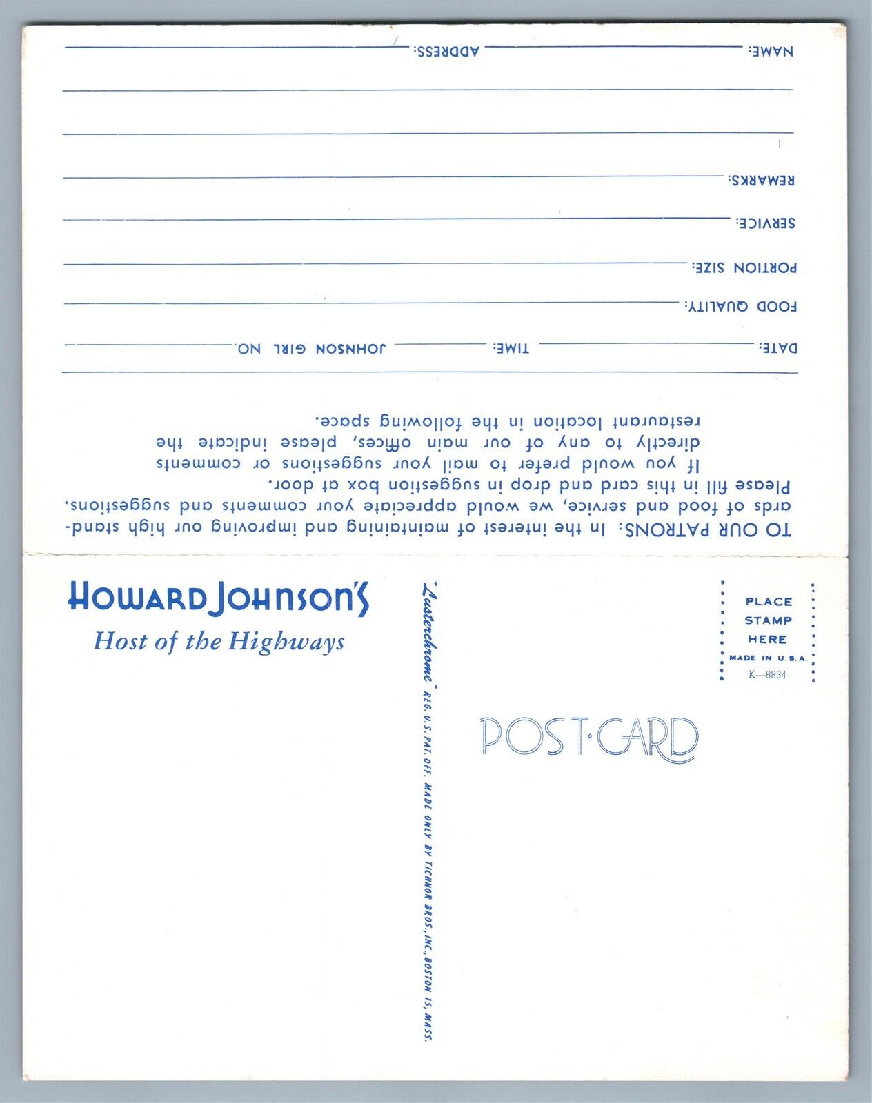 HOWARD JOHNSON'S MOTOR LODGES FOLDING ADVERTISING VINTAGE POSTCARD