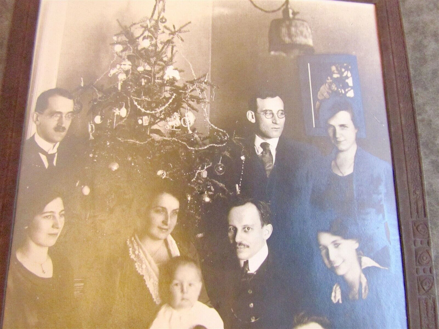 FAMILY at CHRISTMAS TREE ANTIQUE PHOTO