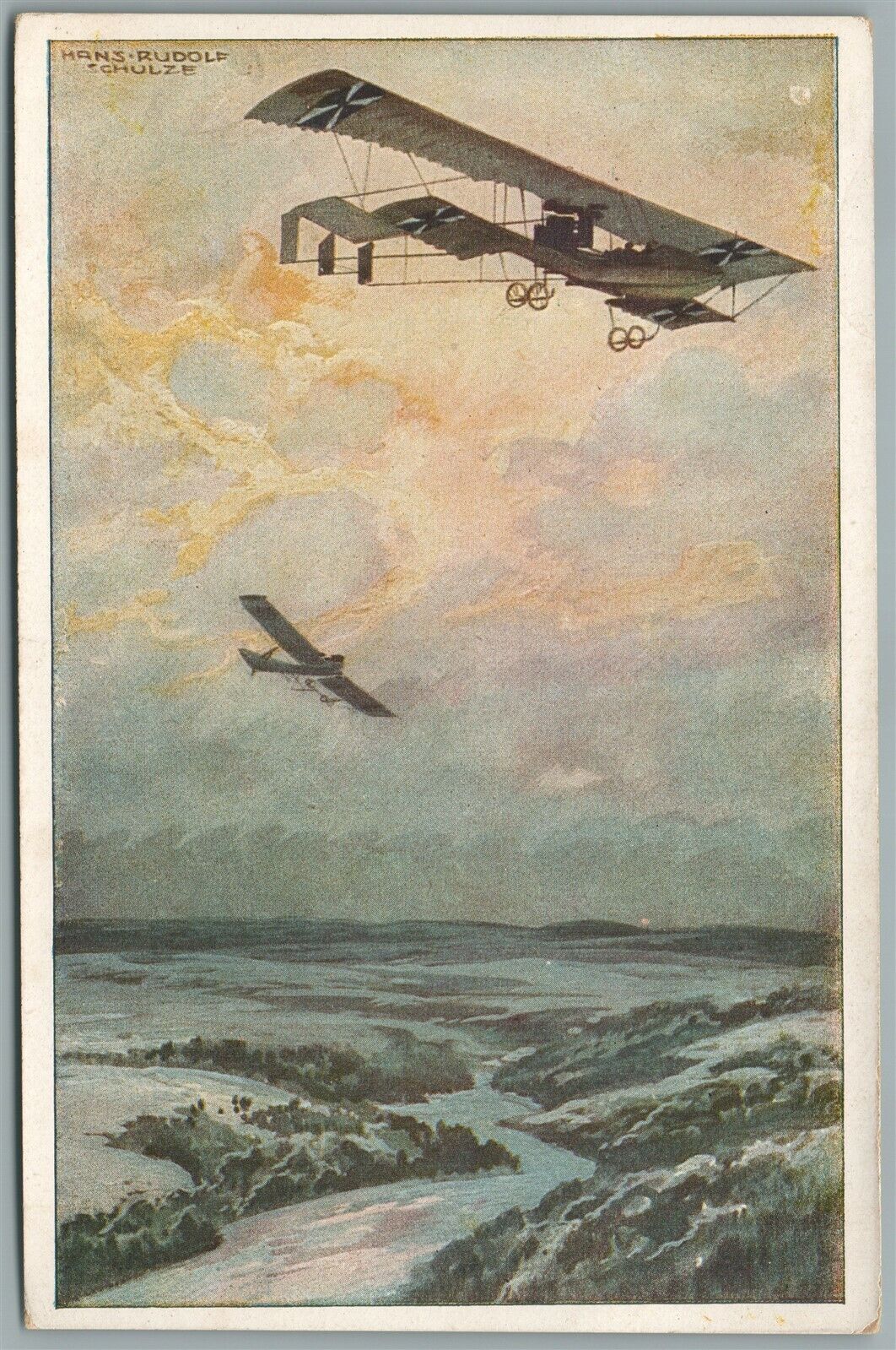 GERMAN WWI ERA BIPLANES ARTIST SIGNED ANTIQUE POSTCARD