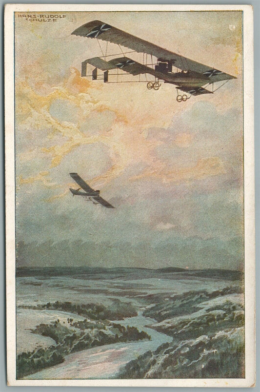 GERMAN WWI ERA BIPLANES ARTIST SIGNED ANTIQUE POSTCARD