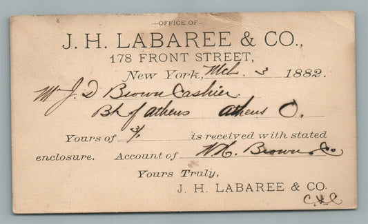 J.H. LABAREE & CO. FRONT STREET NEW YORK 1882 ANTIQUE POSTCARD STATEMENT CARD