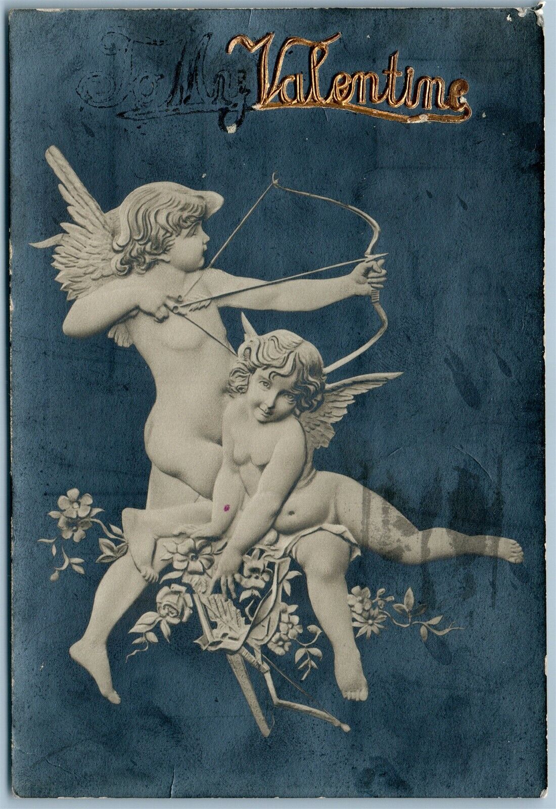 CUPIDS w/ BOW ANTIQUE VALENTINE POSTCARD