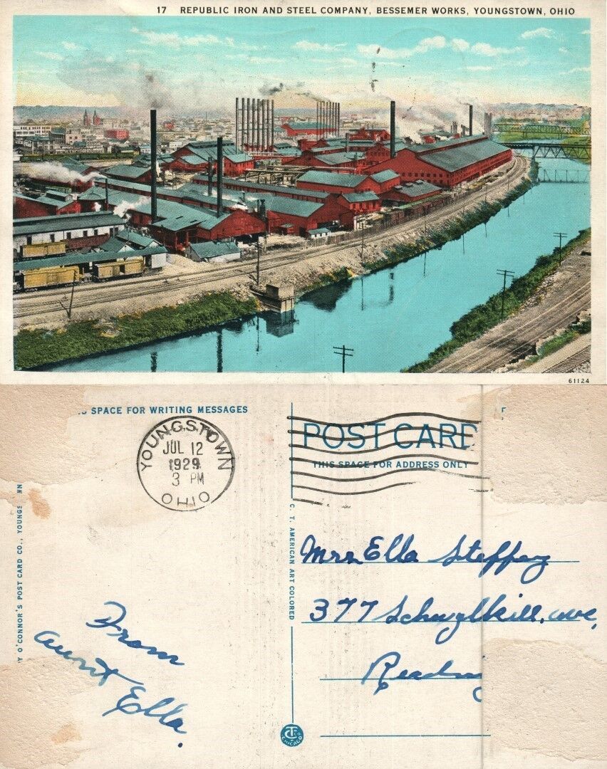 YOUNGSTOWN OH REPUBLIC IRON & STEEL CO. BESSEMER WORKS ANTIQUE POSTCARD