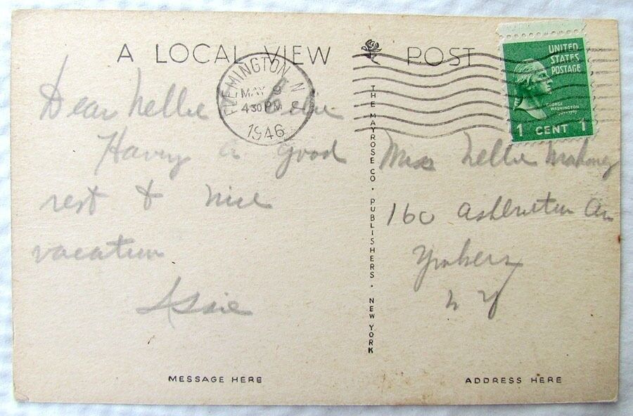 FLEMING CASTLE FLEMINGTON N.J. VINTAGE 1946 POSTCARD