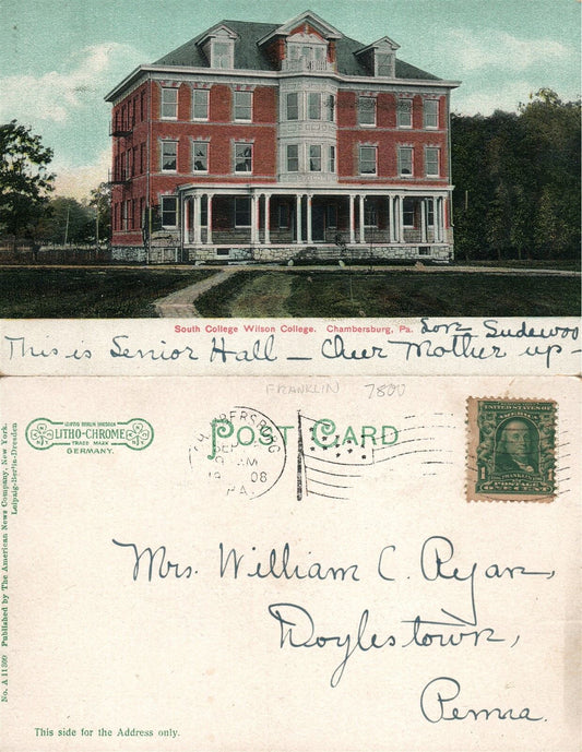 CHAMBERSBURG PA WILSON COLLEGE SOUTH COLLEGE 1908 UNDIVIDED ANTIQUE POSTCARD