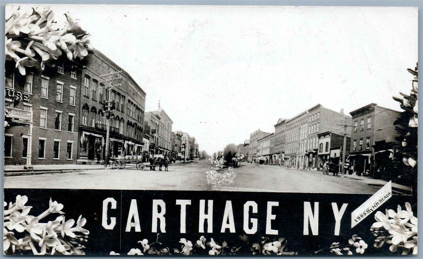 CARTHAGE NY STREET SCENE 1911 ANTIQUE REAL PHOTO POSTCARD RPPC by H.M.BEACH