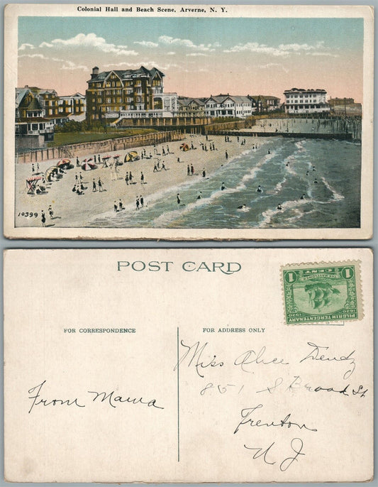 ARVERNE N.Y. COLONIAL HALL & BEACH SCENE ANTIQUE POSTCARD