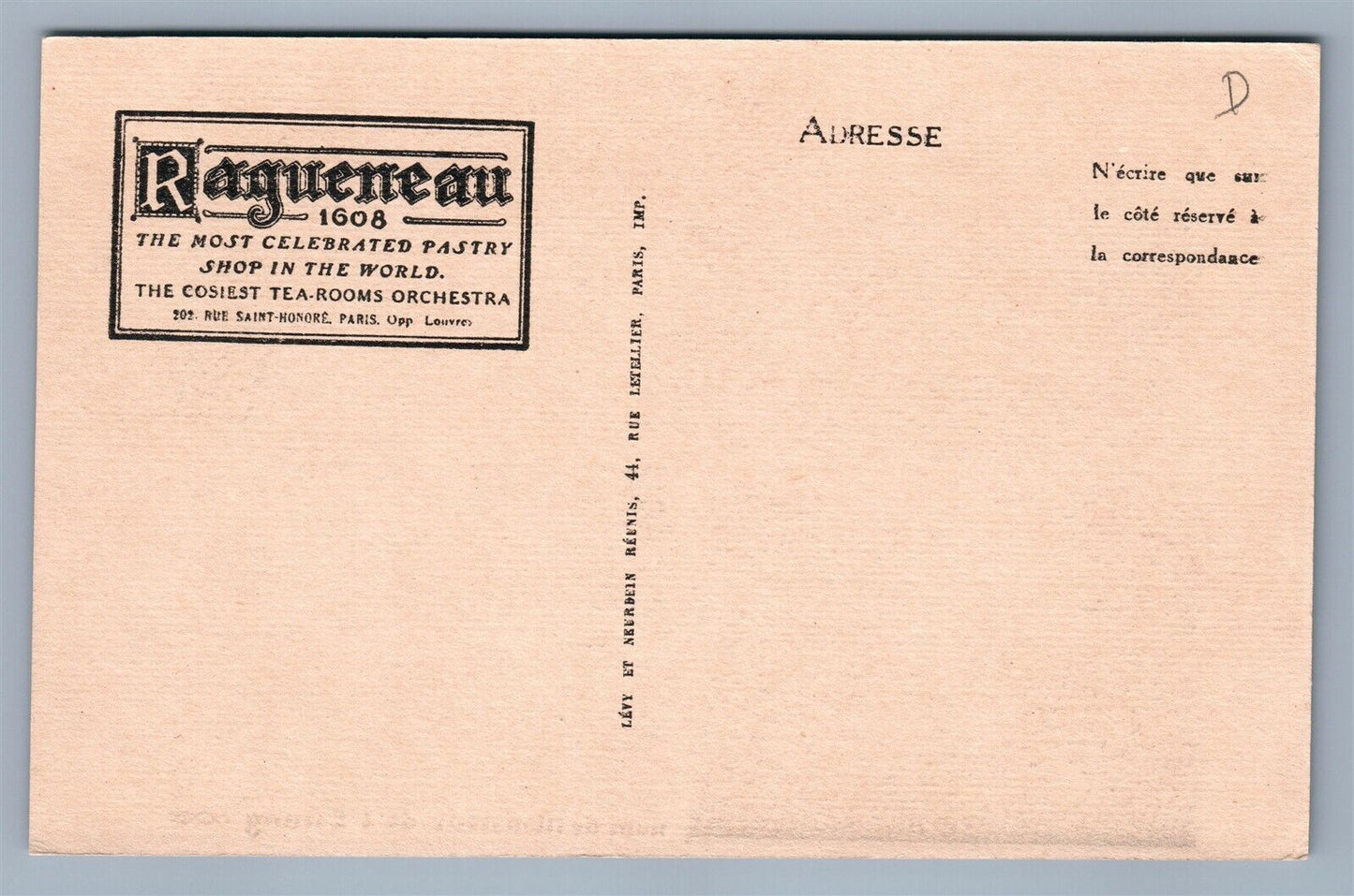 PARIS PASTRY SHOP RAGUENEAU ADVERTISING ANTIQUE POSTCARD