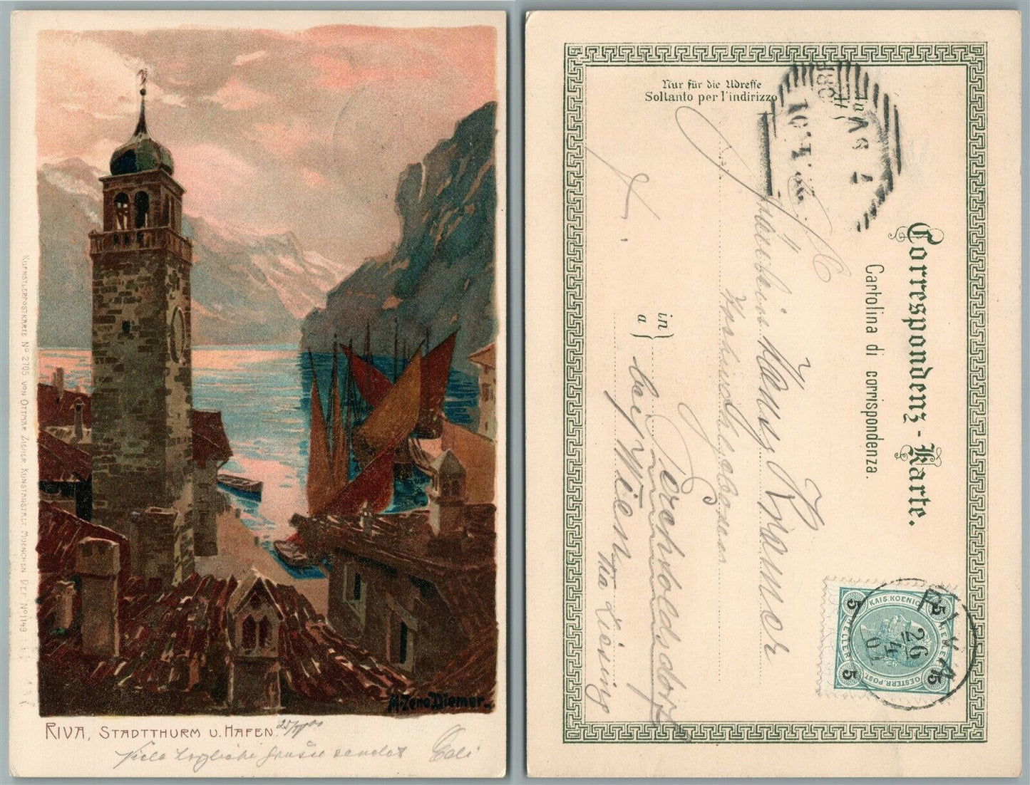 RIVA ITALY 1900 ANTIQUE POSTCARD w/ stamp ARTIST SIGNED