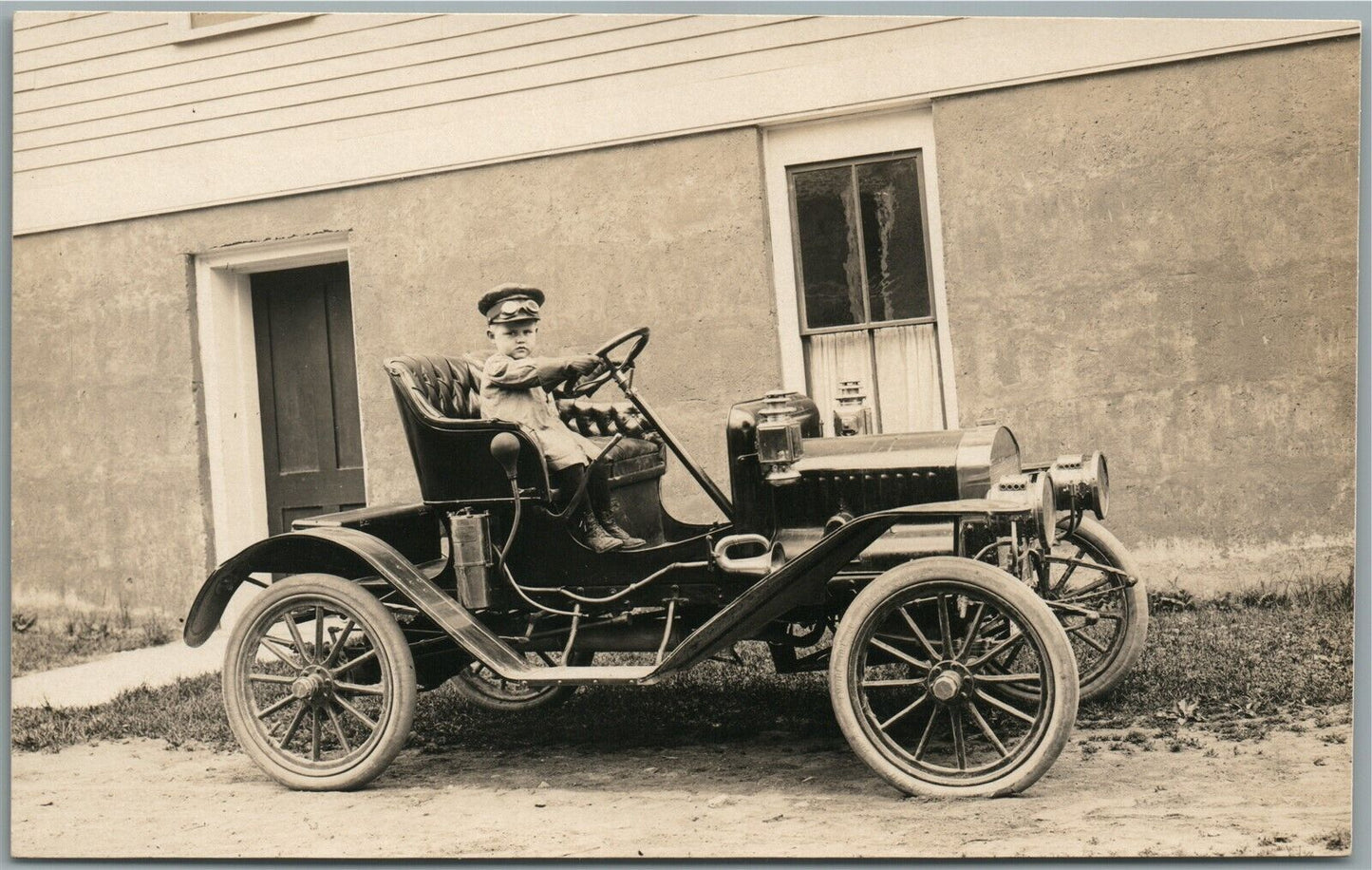 VINTAGE CAR w/ BOY DRIVER ANTIQUE REAL PHOTO POSTCARD RPPC