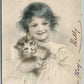 GIRL w/ CUTE CAT AUSTRIAN ANTIQUE POSTCARD w/ STAMP