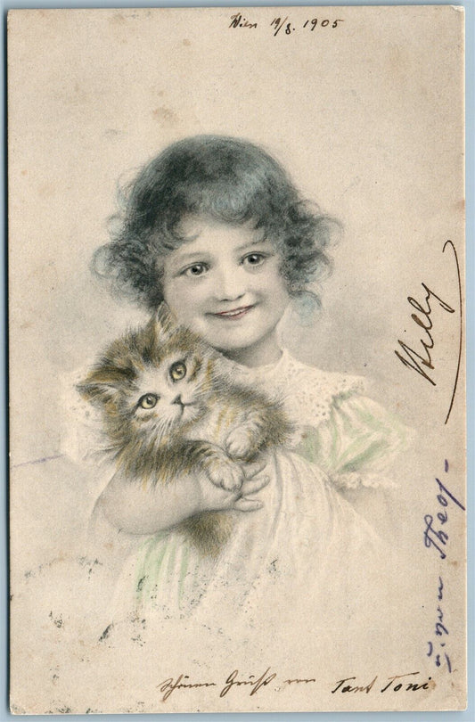 GIRL w/ CUTE CAT AUSTRIAN ANTIQUE POSTCARD w/ STAMP