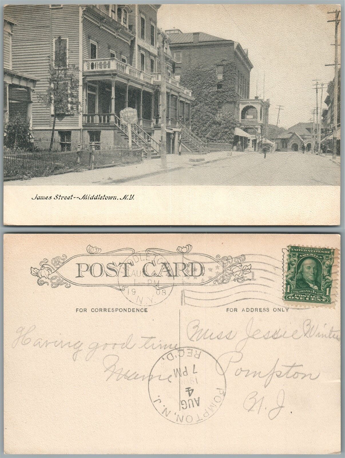 MIDDLETOWN N.Y. JAMES STREET 1908 ANTIQUE POSTCARD