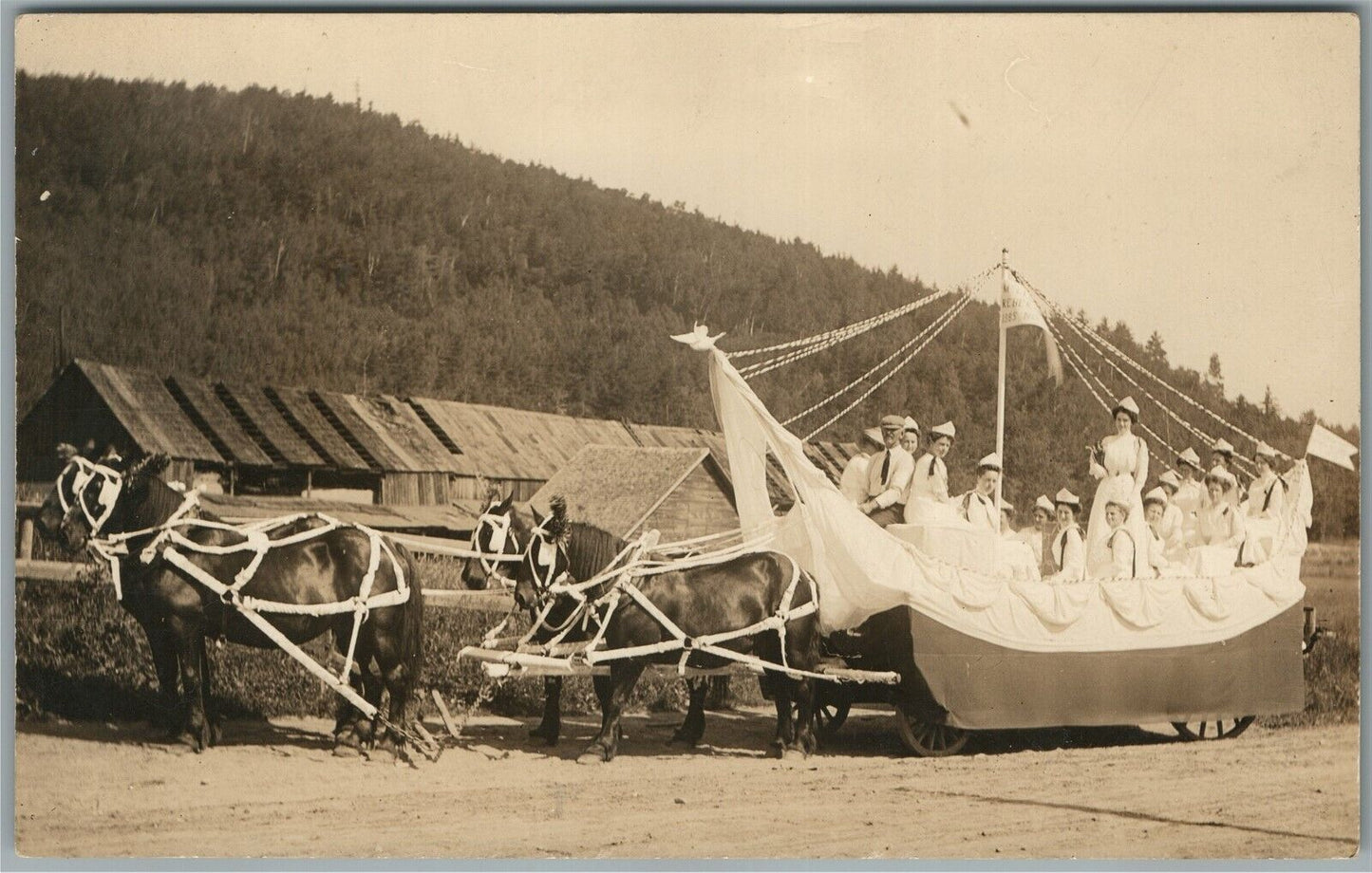 LADIES IN HORSE DRAWN BOAT CARRIAGE ANTIQUE REAL PHOTO POSTCARD RPPC