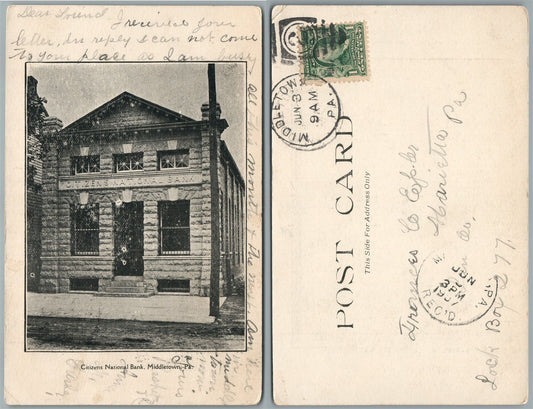 MIDDLETOWN PA CITIZENS NATIONAL BANK 1907 UNDIVIDED ANTIQUE POSTCARD CORK CANCEL