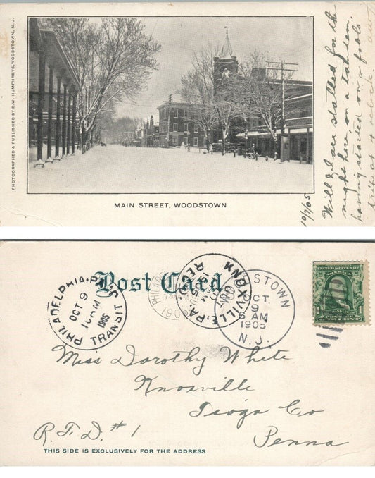 ANTIQUE 1905 UNDIVIDED POSTCARD MAIN STREET WOODSTOWN N.J.