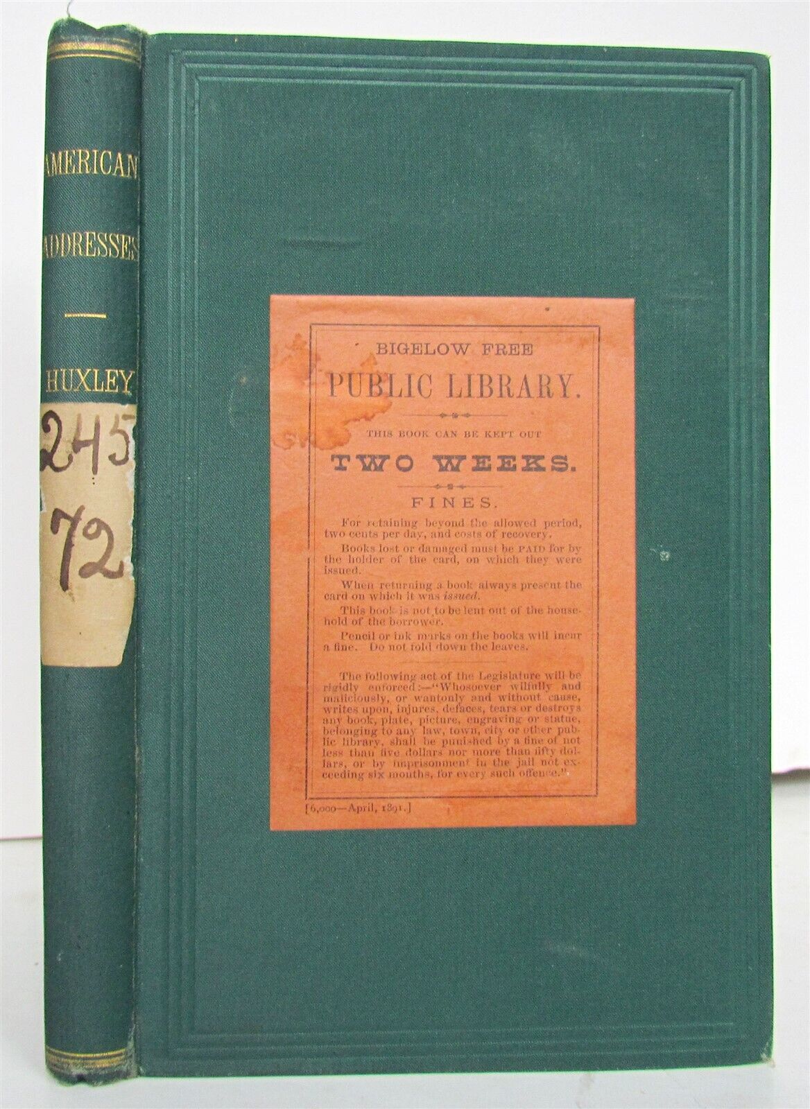 1877 AMERICAN ADDRESSES w LECTURE on STUDY of BIOLOGY HUXLEY antique ILLUSTRATED