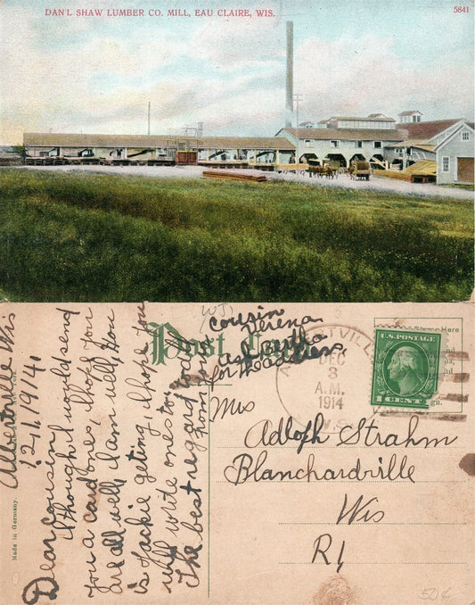 EAU CLAIRE WI DAN'L SHAW LUMBER CO. MILL 1914 ANTIQUE POSTCARD