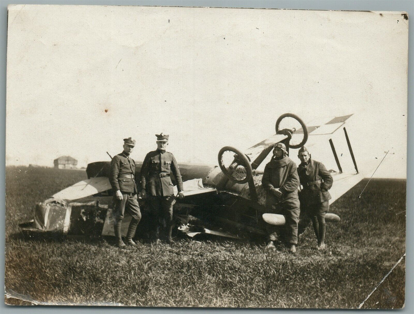 EARLY AVIATION AVIATORS w/ BIPLANE ANTIQUE REAL PHOTO 3 1/4 x 4 1/4"