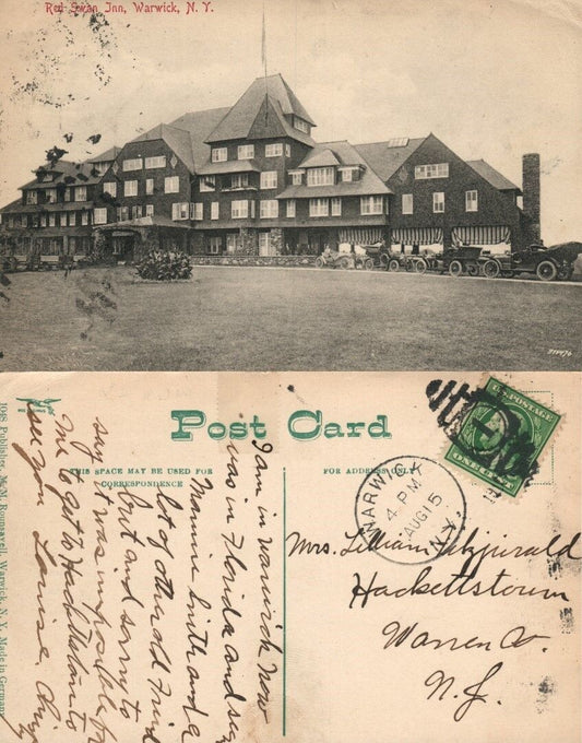 WARWICK N.Y. RED SWAN INN ANTIQUE POSTCARD old cars CORK CANCEL