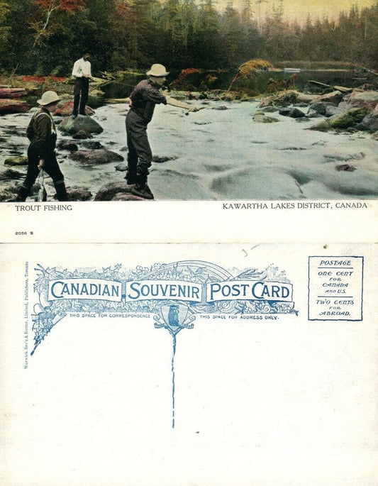 KAWARTHA LAKES DISTRICT CANADA TROUT FISHING ANTIQUE POSTCARD