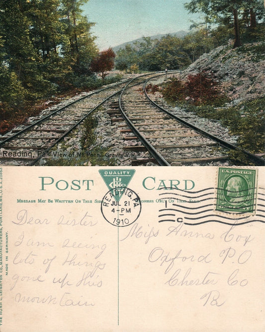 READING PA MT.PENN GRAVITY RAILROAD 1910 ANTIQUE POSTCARD railway