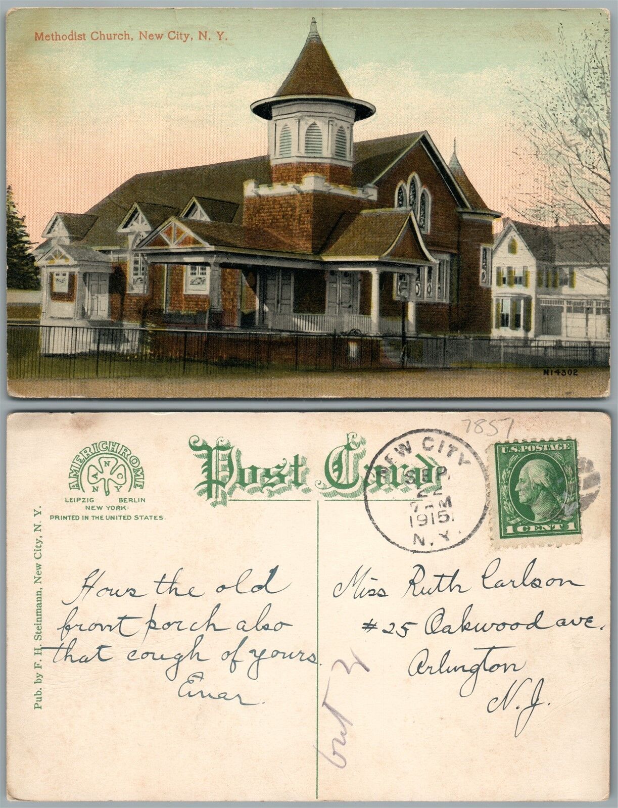 NEW CITY N.Y. METHODIST CHURCH 1915 ANTIQUE POSTCARD