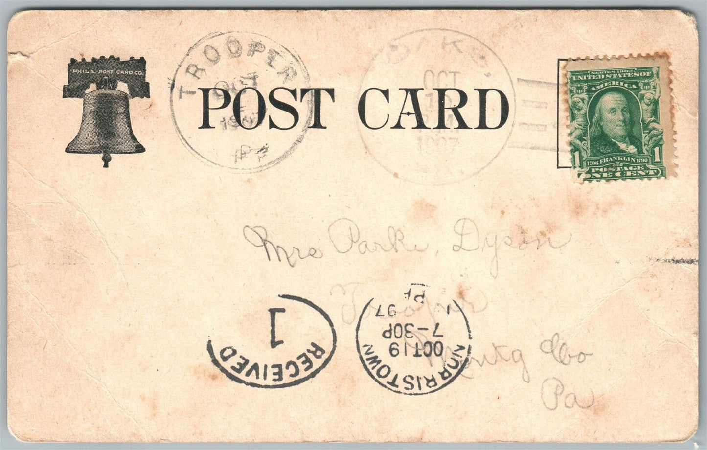 OAKS PA ST. PAUL'S MEMORIAL CHURCH 1907 UNDIVIDED ANTIQUE POSTCARD