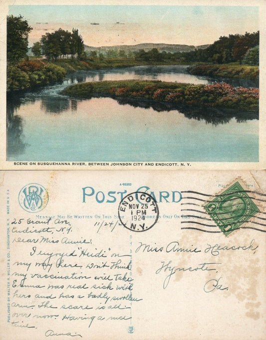 ENDICOTT & JOHNSON CITY N.Y. SUSQUEHANNA RIVER 1924 ANTIQUE POSTCARD