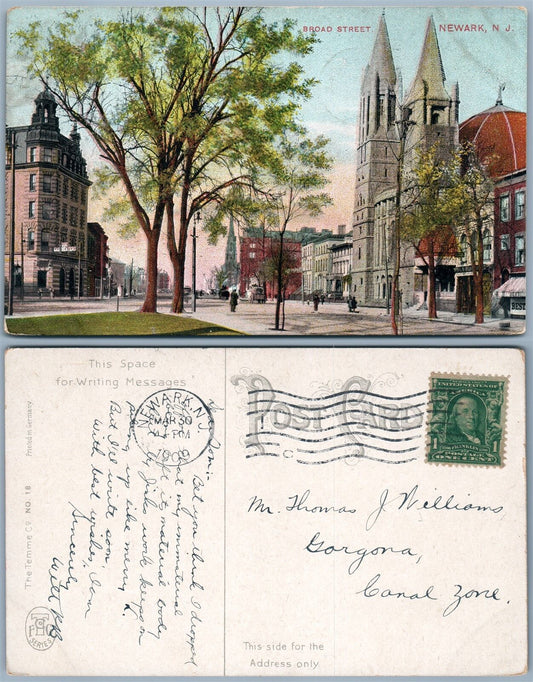 NEWARK N.J. BROAD STREET 1909 ANTIQUE POSTCARD