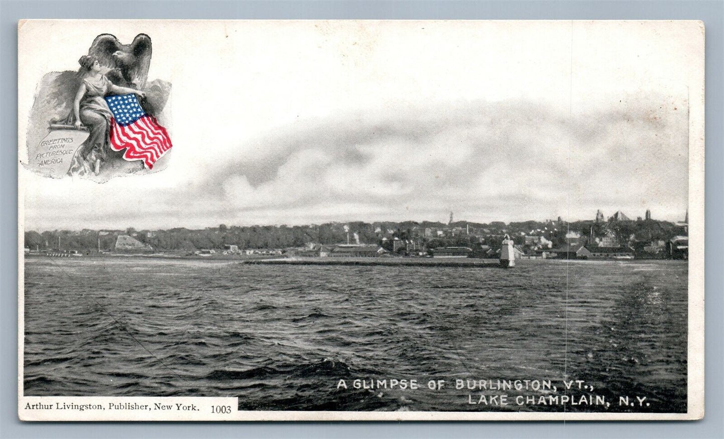 LAKE CHAMPLAIN NY GLIMPSE OF BURLINGTON VT ANTIQUE POSTCARD by ARTHUR LIVINGSTON
