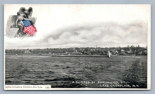 LAKE CHAMPLAIN NY GLIMPSE OF BURLINGTON VT ANTIQUE POSTCARD by ARTHUR LIVINGSTON