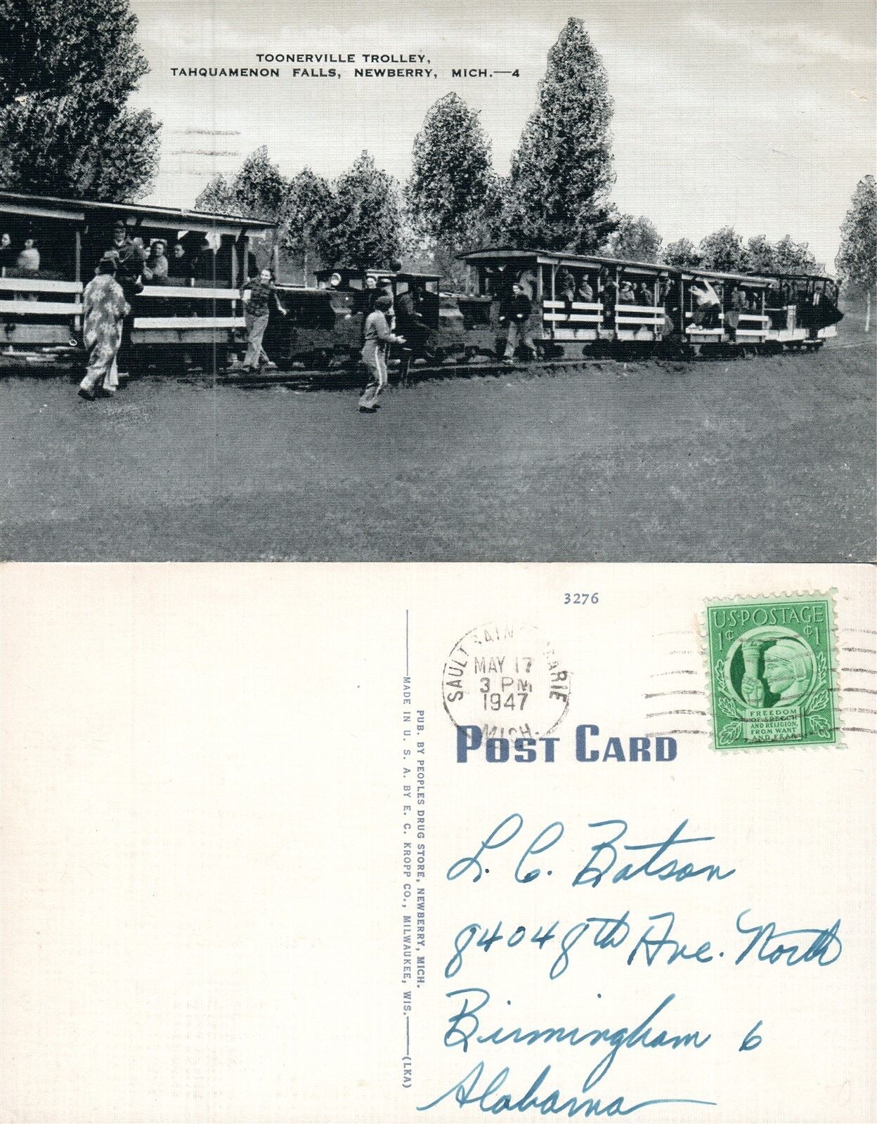 TOONERVILLE TROLLEY TANQUAMENON FALLS NEWBERRY MI 1947 VINTAGE POSTCARD railroad