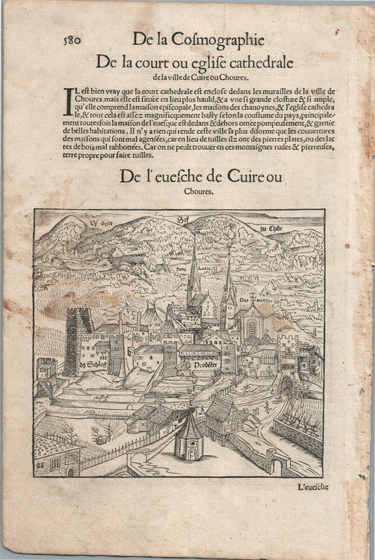 1575 CHUR SWITZERLAND VIEW LEAF from BELLEFOREST EDITION of MUNSTER COSMOGRAPHY