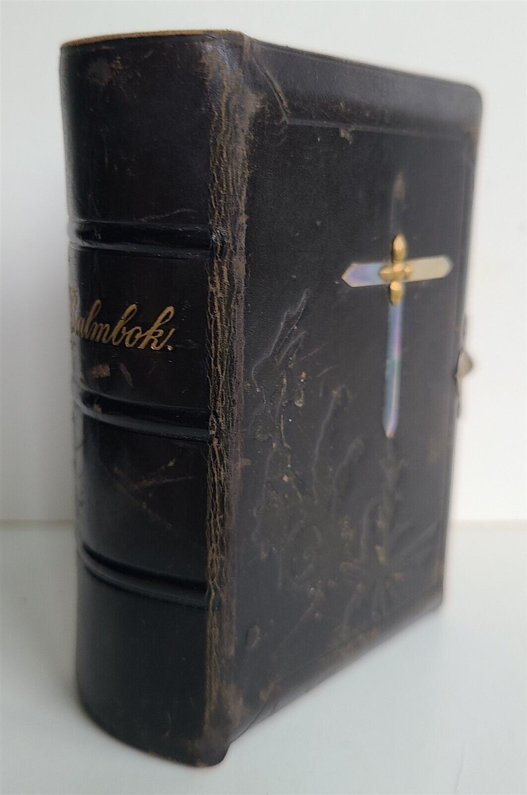 1888 SWEDISH BOOK OF PSALMS w/ MOTHER-OF-PERAL CROSS BINDING ANTIQUE