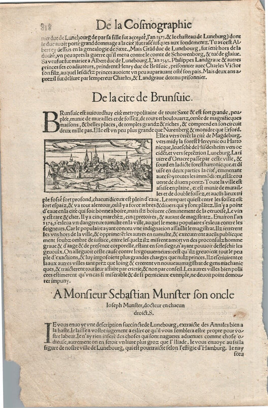 1575 BRUNSWICK GERMANY from BELLEFOREST EDITION of MUNSTER COSMOGRAPHY