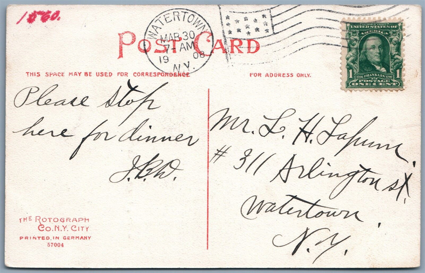 NORWOOD NY WHITNEY HOUSE 1908 ANTIQUE POSTCARD