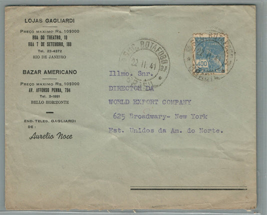 BRAZIL to NEW YORK 1941 VINTAGE COVER w/ STAMP to World Export Company