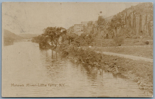 LITTLE FALLS NY MOHAWK RIVER ANTIQUE REAL PHOTO POSTCARD RPPC w/ CORK CANCEL