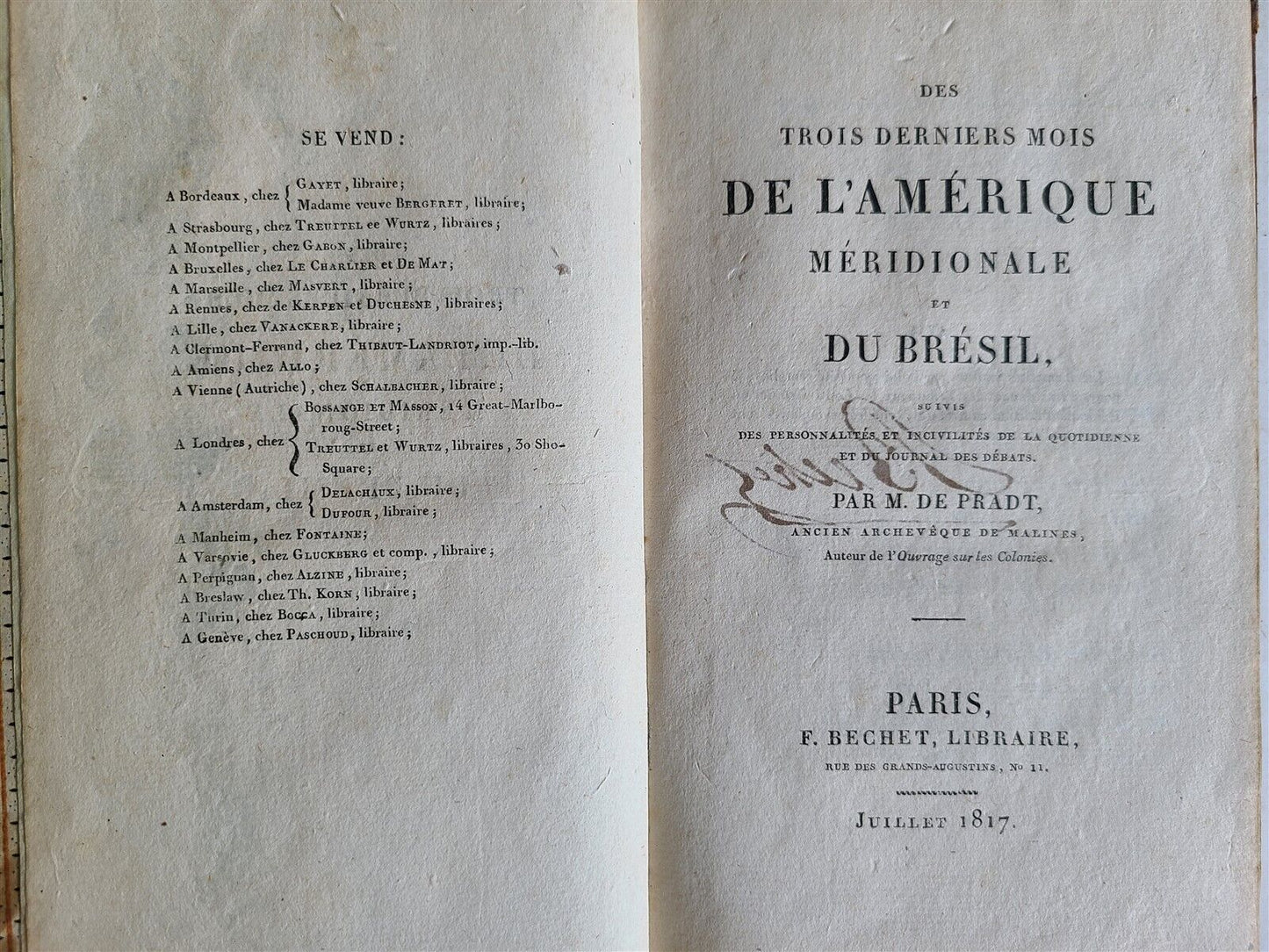 1817 DESCRIPTION of SOUTH AMERICA & BRAZIL ANTIQUE in FRENCH