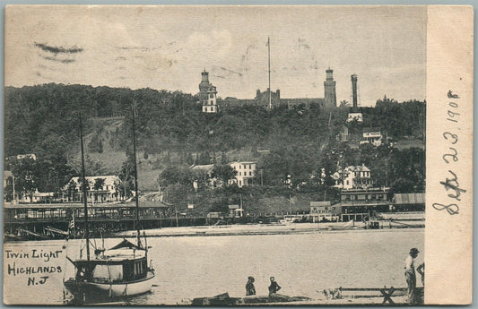 TWIN LIGHT HIGHLANDS NJ ANTIQUE POSTCARD