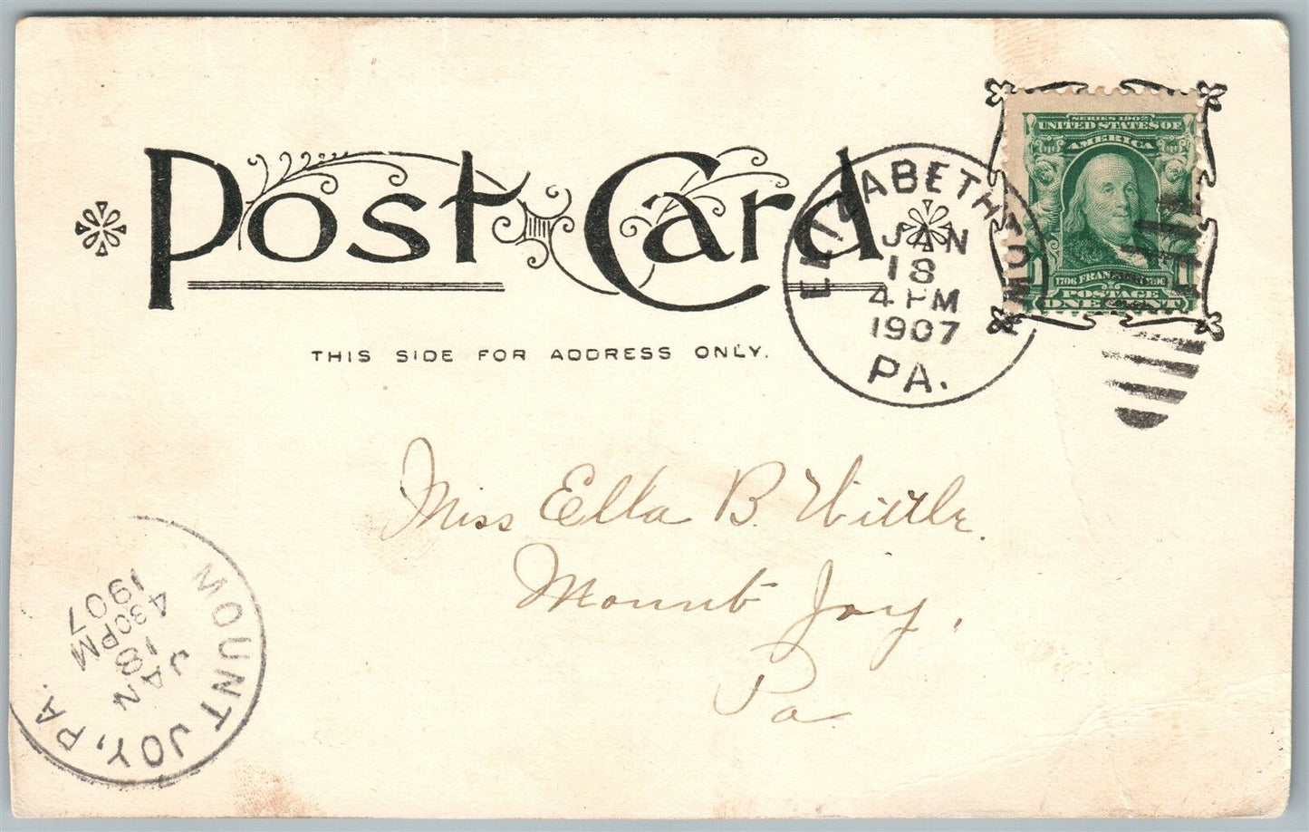 ELIZABETHTOWN PA BETHEL OF THE CHURCH OF GOD 1907 ANTIQUE POSTCARD w/ CORK STAMP