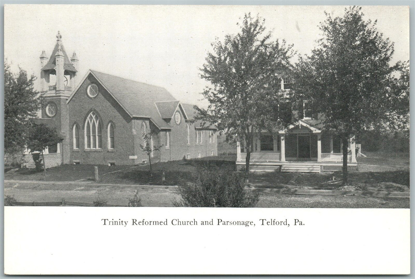 TELFORD PA RAILROAD TRAIN STATION TRINITY CHURCH DOUBLE SIDED ANTIQUE POSTCARD