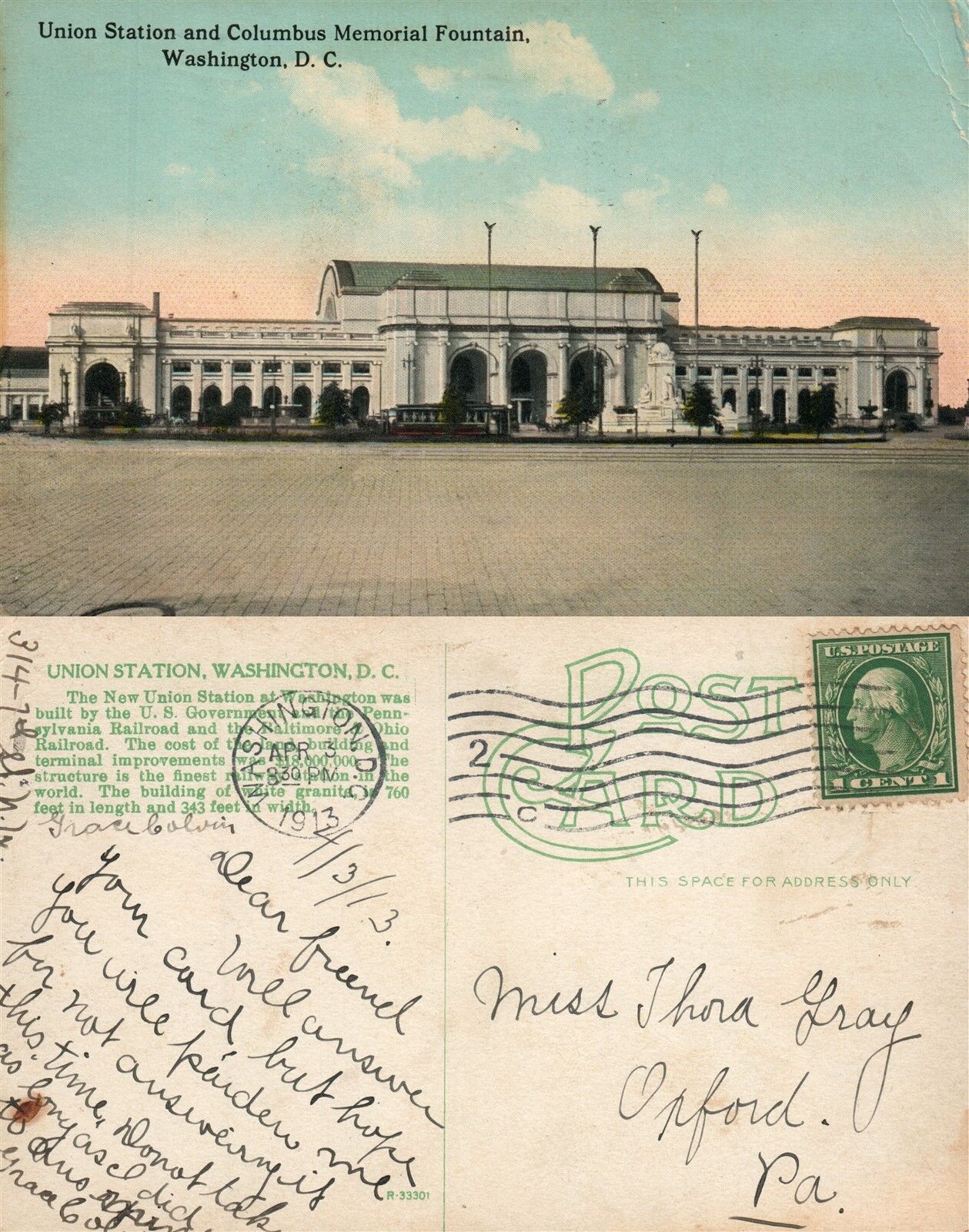 WASHINGTON D.C. UNION RAILWAY STATION 1913 ANTIQUE POSTCARD RAILROAD DEPOT