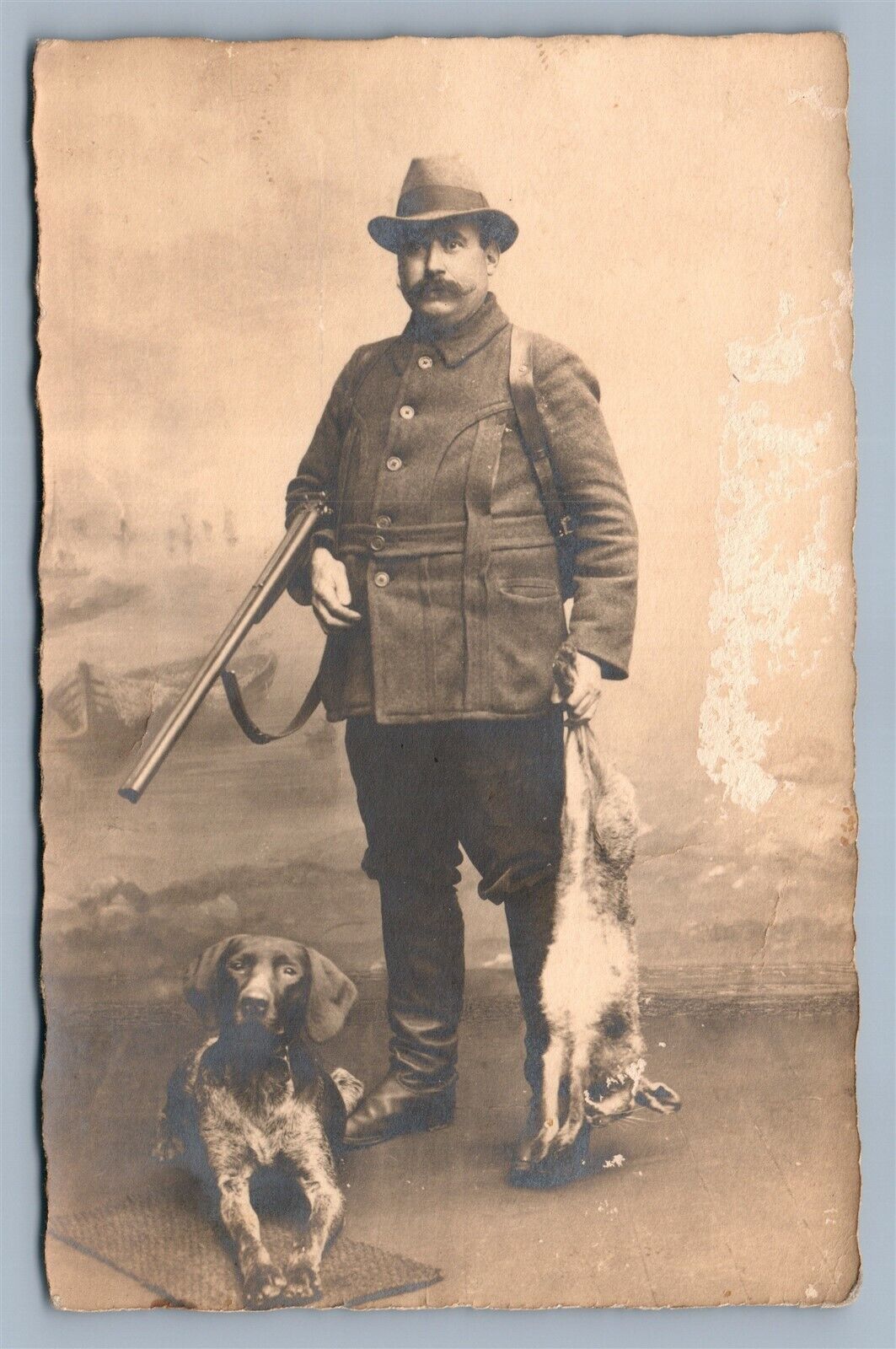 HUNTER w/ DOG & RIFLE ANTIQUE REAL PHOTO POSTCARD RPPC