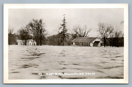 WINCHESTER NH MIDDLE COVERED BRIDGE FLOOD ANTIQUE REAL PHOTO POSTCARD RPPC